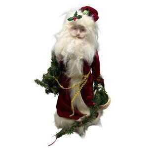 Santa Claus Figurine Faux Fur Beard & Velvet Robe Holding Christmas Tree READ